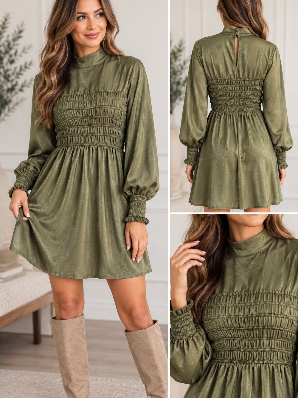 Lumiere Olive Green Smocked-Waist Long-Sleeve Mini Dress
